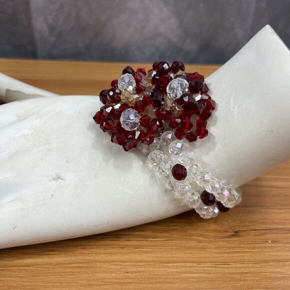 Vintage Beaded Necklace set earrings bracelet ring faux clear and ruby bead - Picture 14 of 16